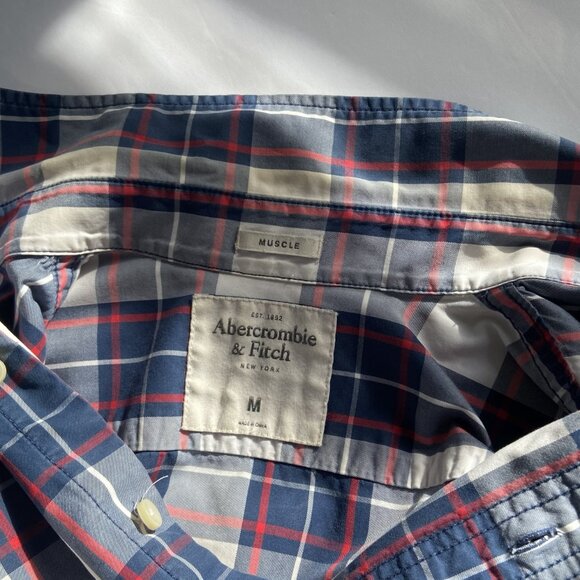 Abercrombie & Fitch Vintage Y2K Muscle Fit Plaid Button Down Shirt Navy Red (M) - Picture 9 of 10
